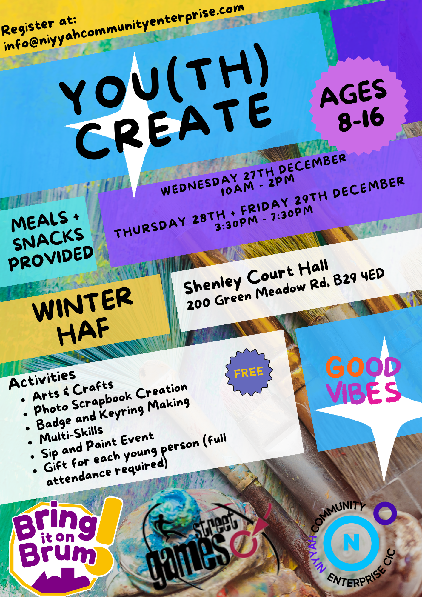 You(th) Fit. free activities club for children aged 8-16. wednesday 27th December (10am-2pm) Thursday 28th & Friday 29th December 2023. Shenley Court hall, B29 4ED. (meals and snacks provided)